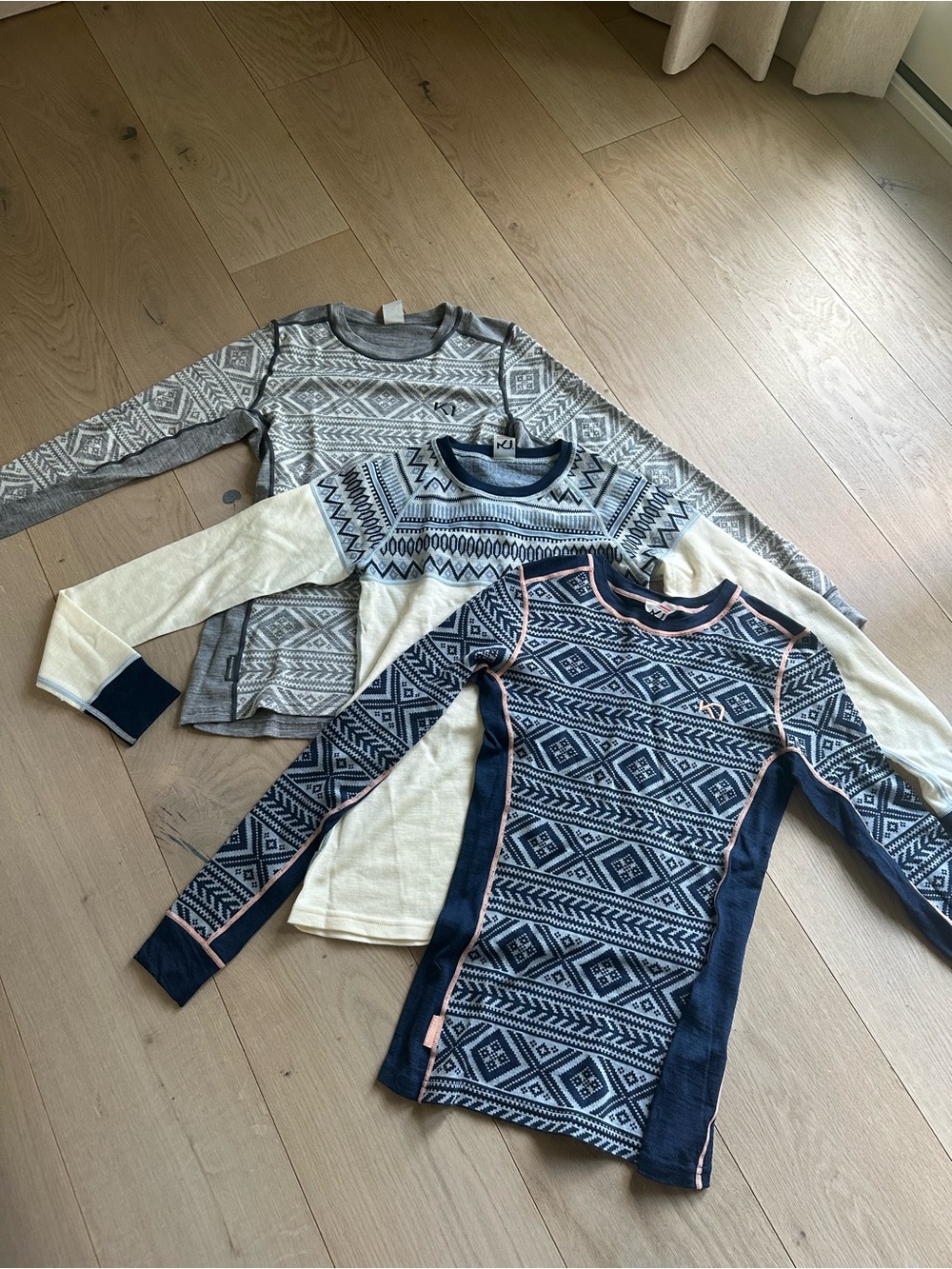 Set of 3 Kari Traa Blue and Gray Nordic Pattern Crewneck Sweater